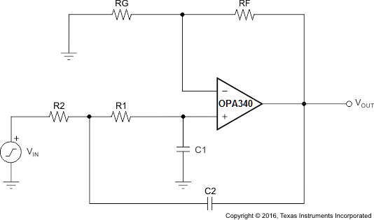 OPA340 OPA2340 OPA4340 2 pole low pass schematic.png